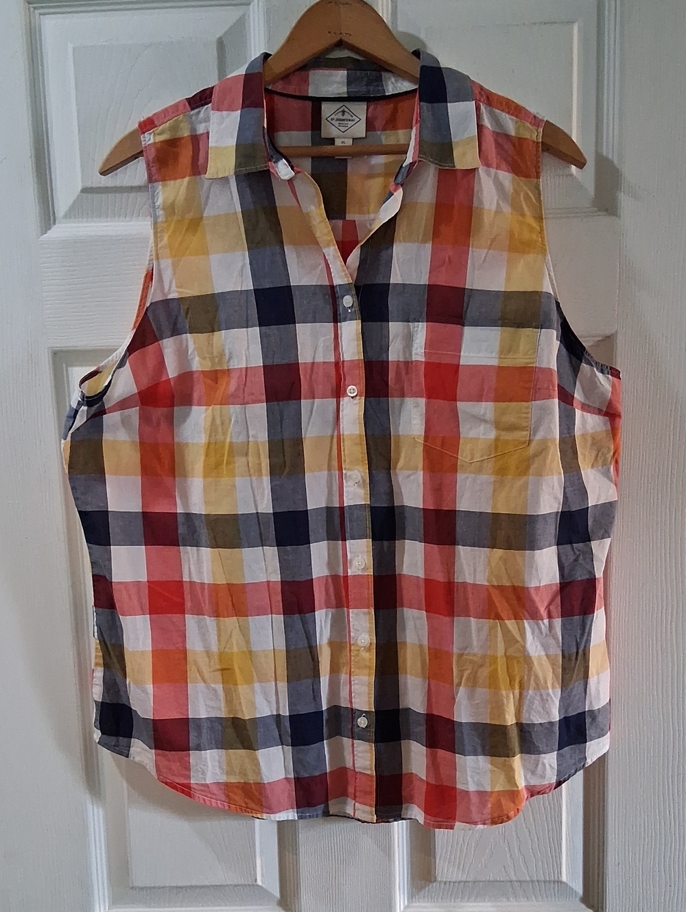 Sleeveless Plaid Button-Up Top in Red, Yellow & Navy - Casual Women’s Shirt